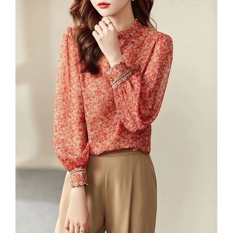 X1025衬衣花边立领绣花洋气小衫2025文艺复古碎花设计感秋季上衣