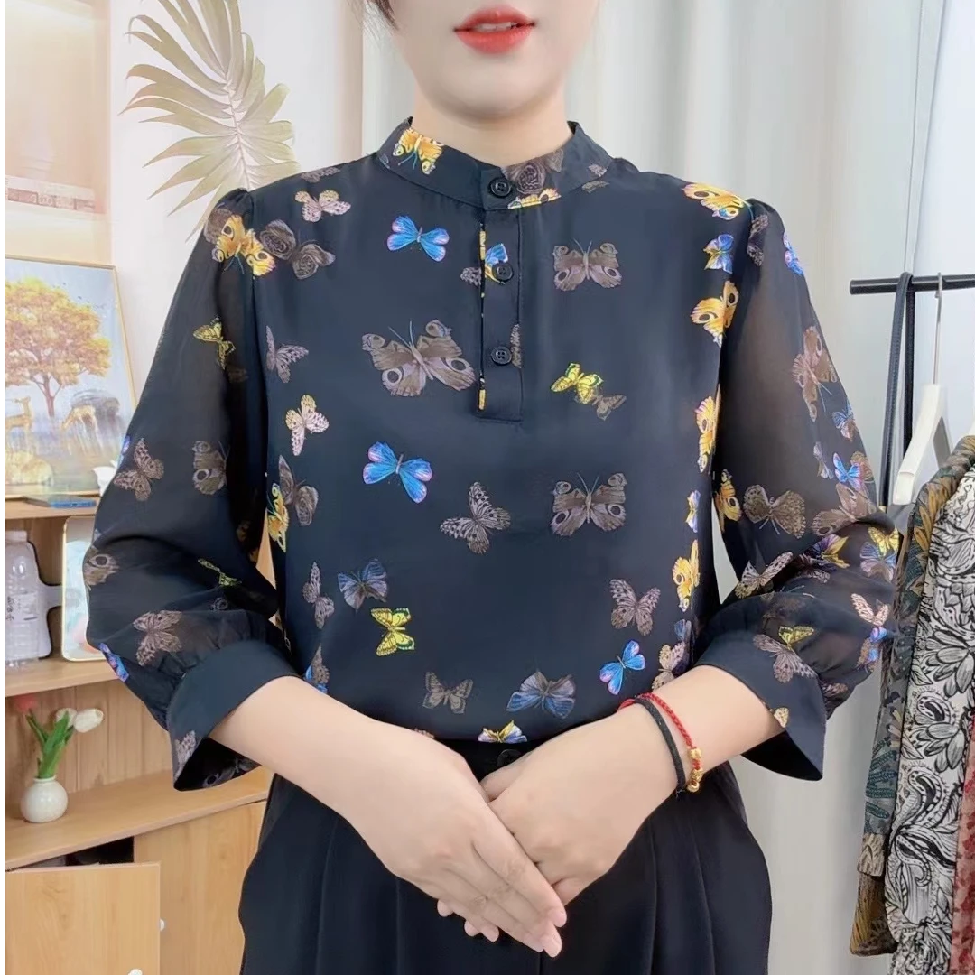 X9992新款碎花衬衫气质复古减龄宽松遮肚显瘦百搭七分袖上衣女