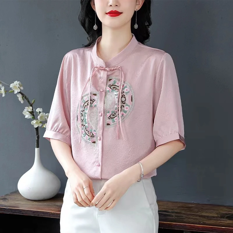H9978新中式国风刺绣衬衫2025春夏季新款宽松女装显瘦小衫女