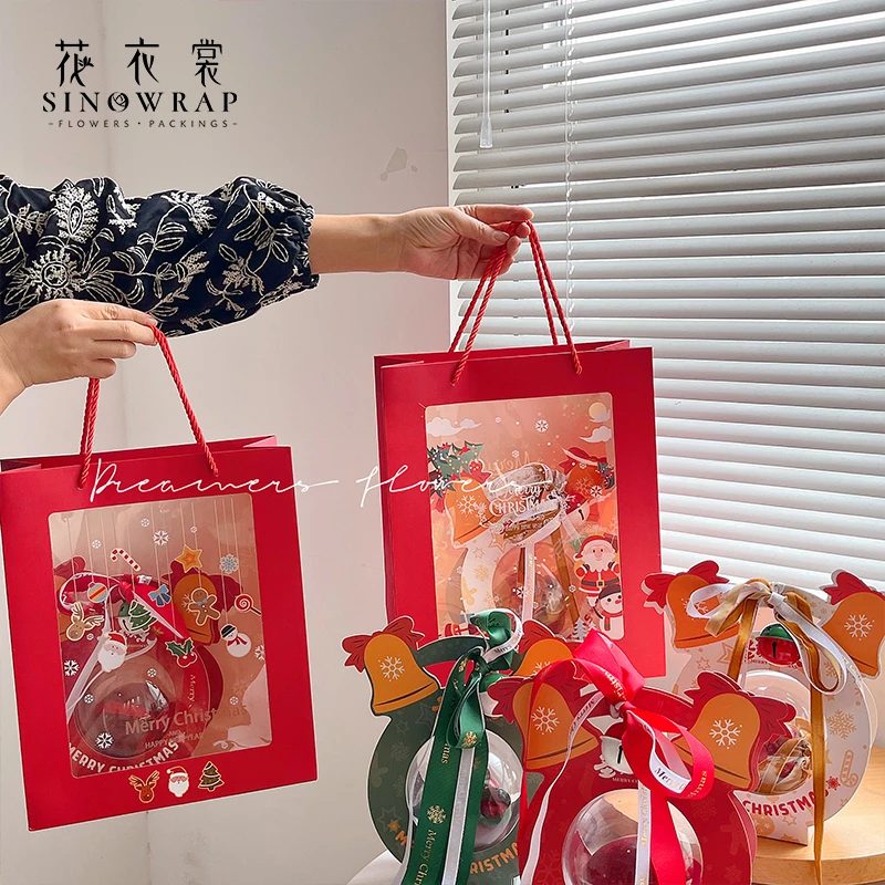花衣裳 圣诞手提橱窗透明袋花束手拎袋礼品包装花店花艺包装材料