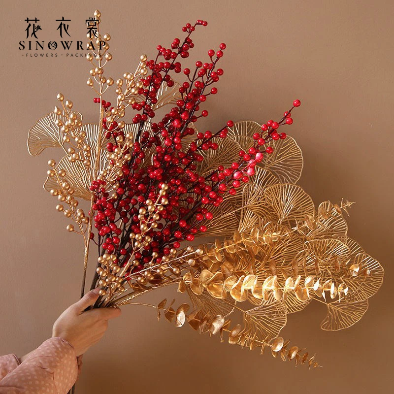 金色仿真冬青尤加利胡蝶兰银杏叶居家新年喜庆福筒装饰配饰年宵花