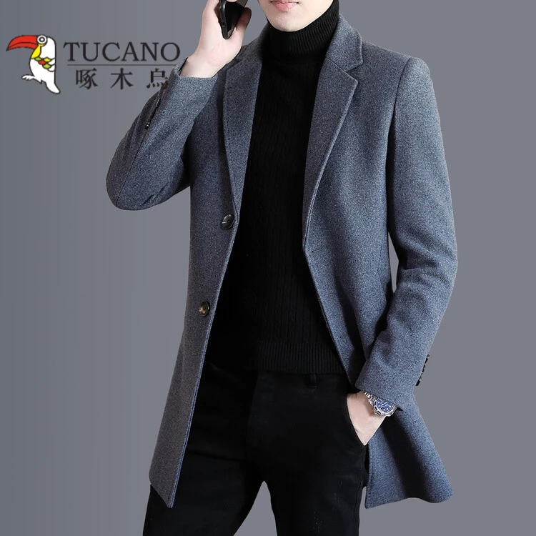 啄木鸟春秋男士新款加厚呢子外套毛呢大衣男中长款休闲修身夹克潮