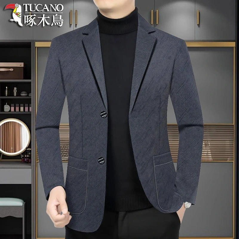 啄木鸟正品休闲西装外套男士秋冬新款中年修身薄款西服春秋装上衣