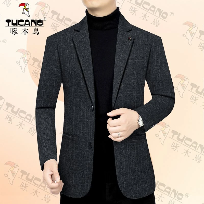 啄木鸟韩版西装外套商务修身男士西服休闲春秋上衣新款中年男装