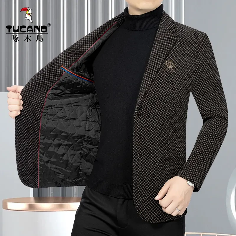 啄木鸟男士新款秋冬季加厚加棉西装外套商务雪尼尔西服男装保暖潮