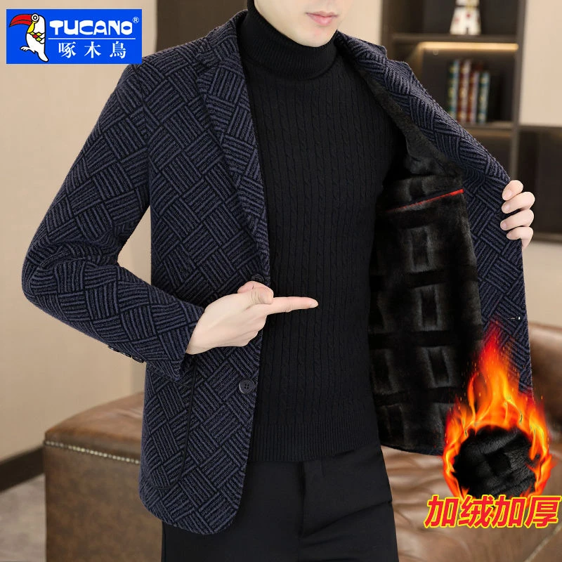 啄木鸟短款毛呢大衣男士秋冬季2025新款加绒加厚保暖西装呢子外套