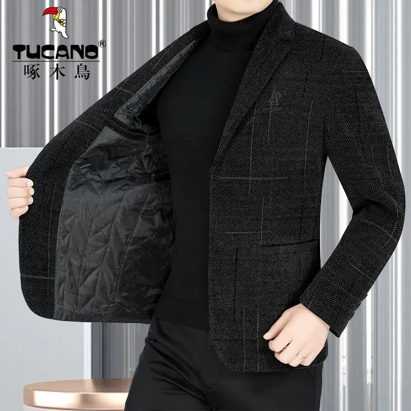 啄木鸟男士雪尼尔加厚西装领秋冬季保暖西服加棉保暖男装外套商务