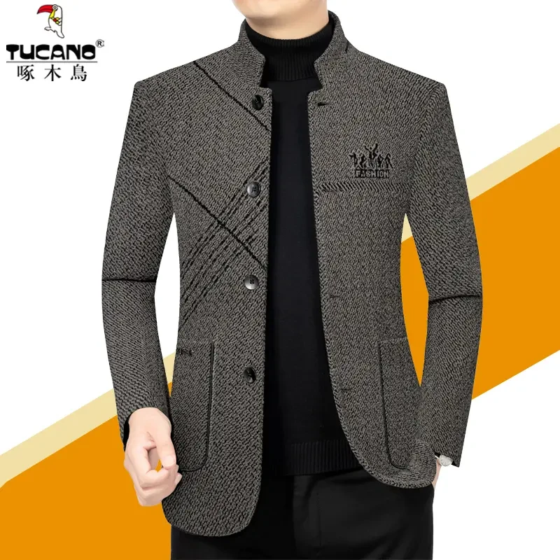 啄木鸟2024春秋新款毛呢夹克加厚外套雪花绒商务休闲上衣秋冬