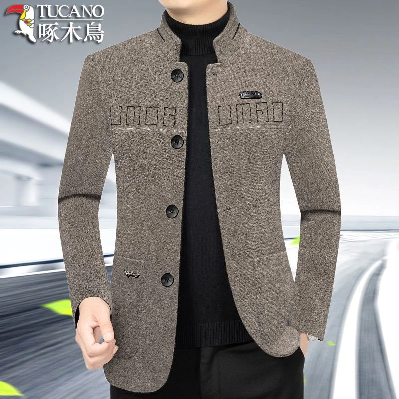 啄木鸟新款夹克中年男士秋季外套立领加厚短款毛呢外套休闲爸爸装