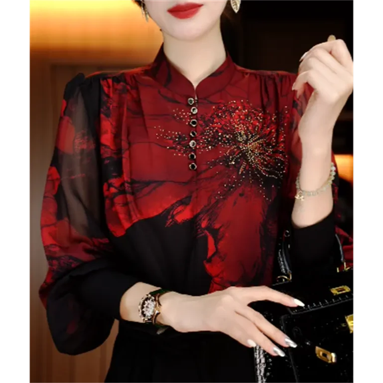 春秋薄款新款琉璃沙洋气宽松显瘦优雅轻奢气质印花百搭红色小衫