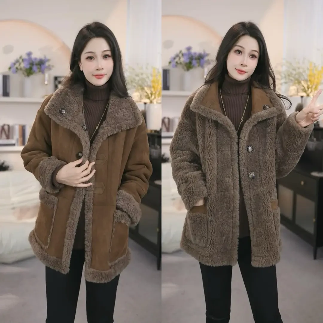 2024双面穿新款时尚宽松外套百搭显瘦加厚冬季皮毛一体外套