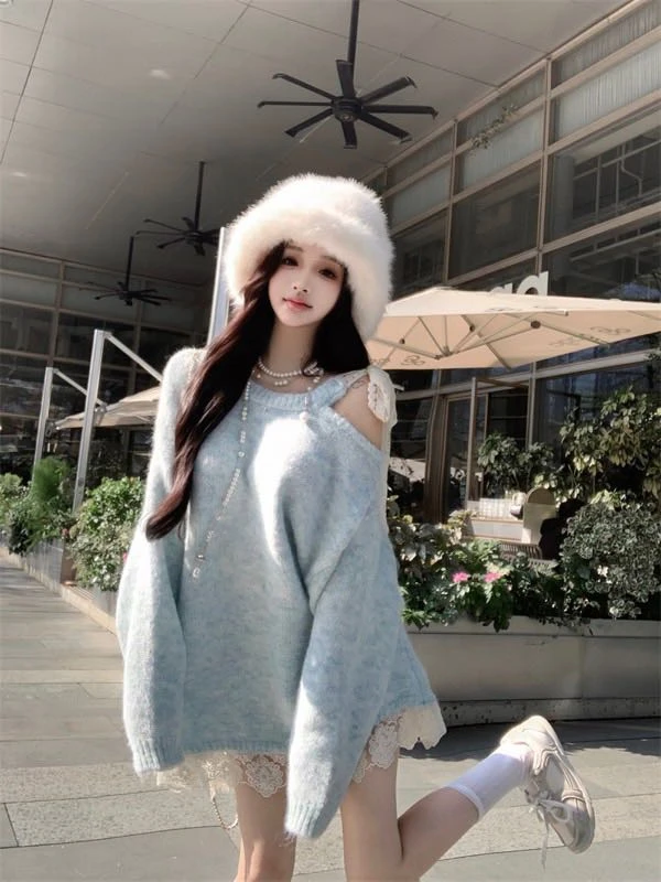 温柔风蕾丝蝴蝶结系带宽松针织毛衣女