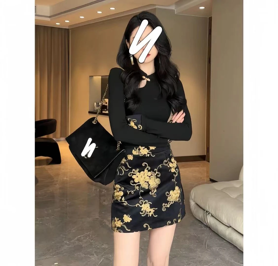 新中式国风旗袍时尚套装2024春季新款长袖打底衫半身裙