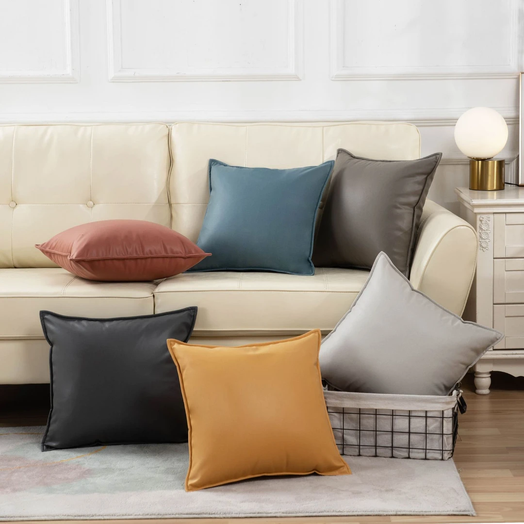 客厅沙发抱枕美式仿真皮科技布腰靠枕抱枕套纯色靠背垫轻奢床头靠
