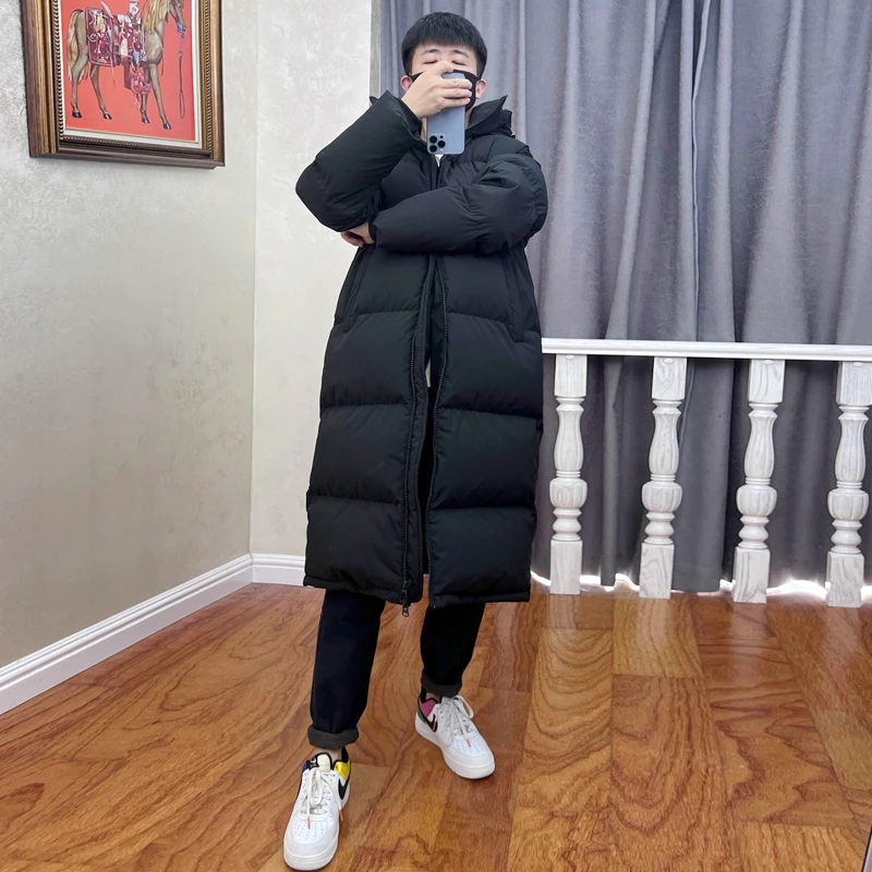 新款95白鸭绒男士羽绒服男加长加厚过膝长款连帽情侣冬装保暖宽松