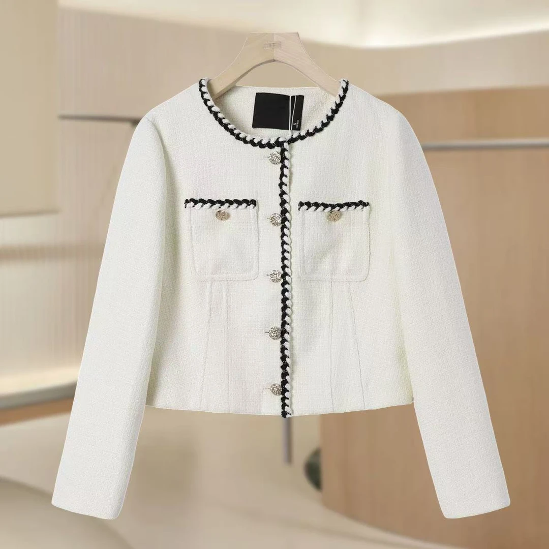 24秋装双色编织包边前襟口袋 圆领短外套