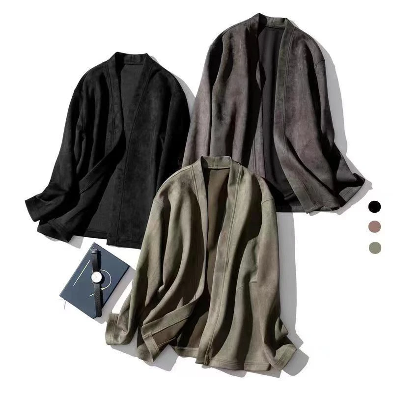 秋季复古休闲麂皮绒外套男装开衫大码男装200-300斤潮男中长道袍