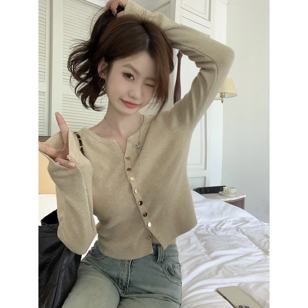 针织开衫2024年新款秋季薄款外搭长袖打底上衣女领短款毛衣外套