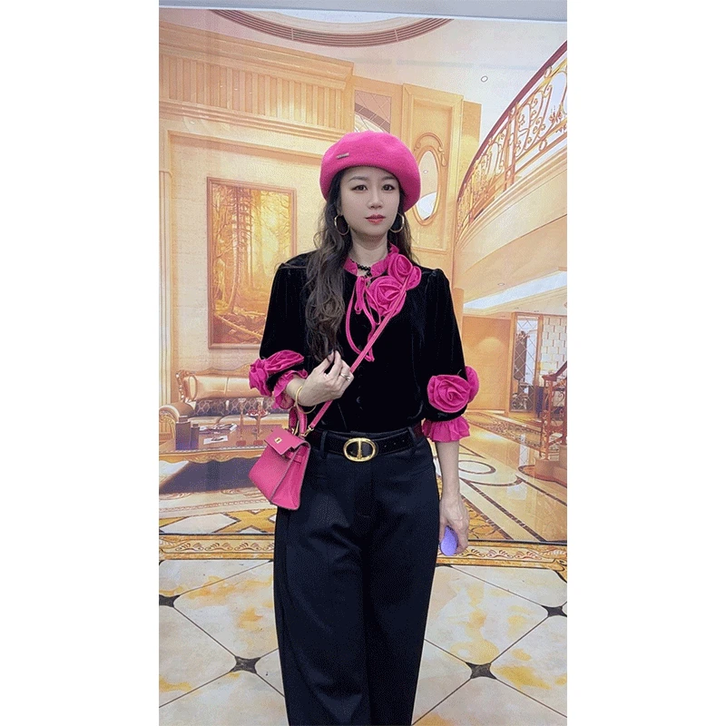 16029高级感小众设计花朵金丝绒衬衫