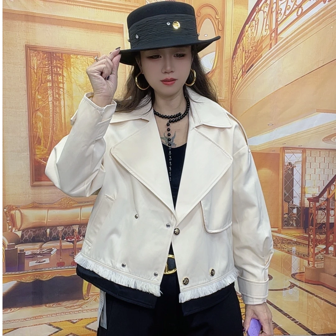 50秋季洋气短款双排扣拼接设计百搭翻领宽松外套