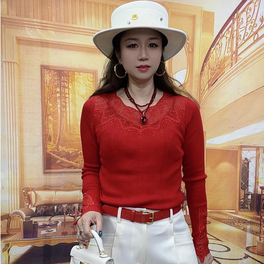 7104时尚长袖蕾丝秋冬新款紧身内搭针织上衣