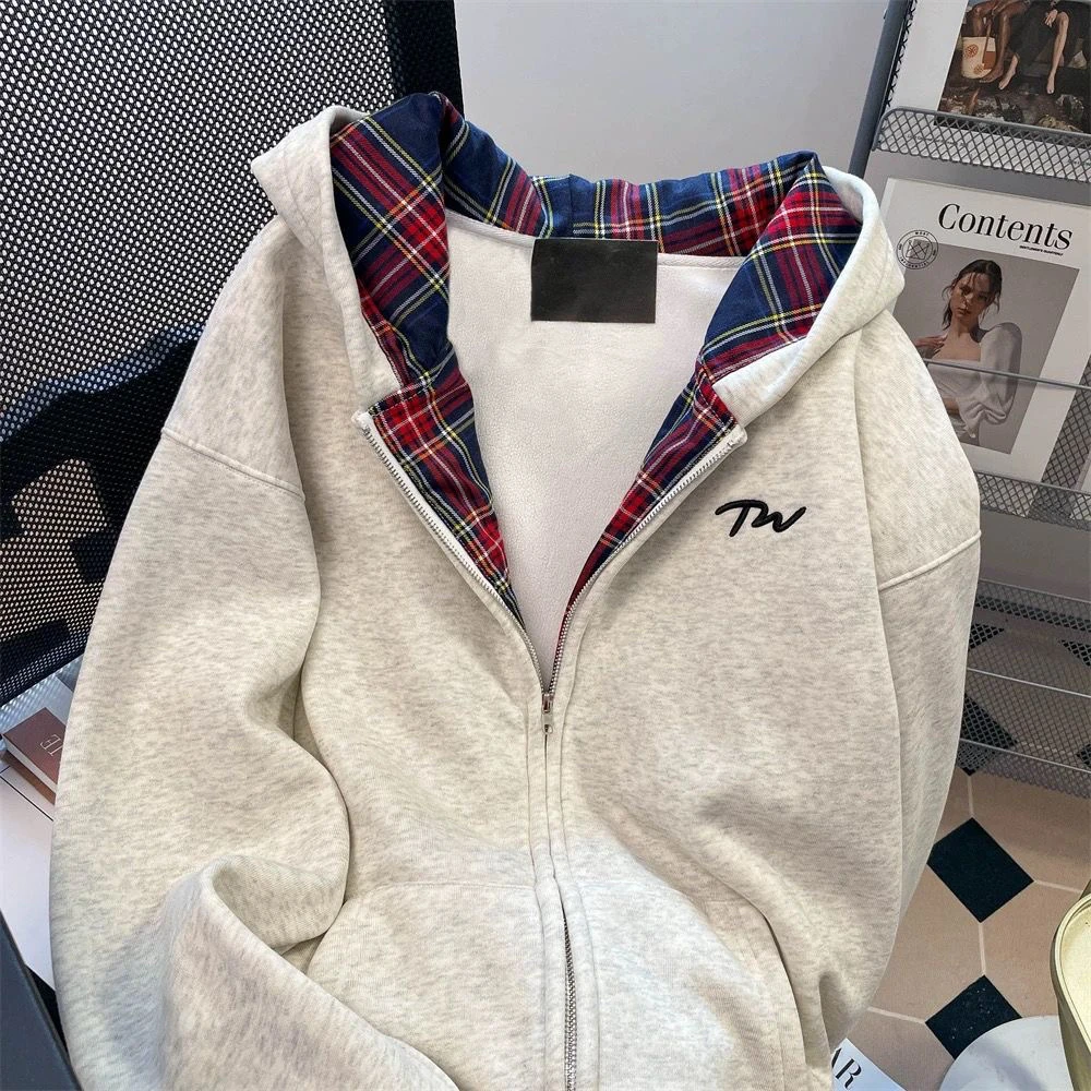 韩系格纹拼接开衫连帽卫衣女2024秋冬新款宽松慵懒风百搭外套上衣