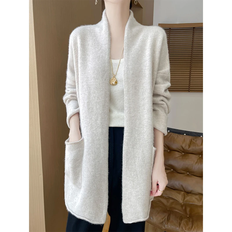 秋冬新款七针100%纯羊毛大开衫长袖宽松休闲时尚羊绒毛衣女短外套
