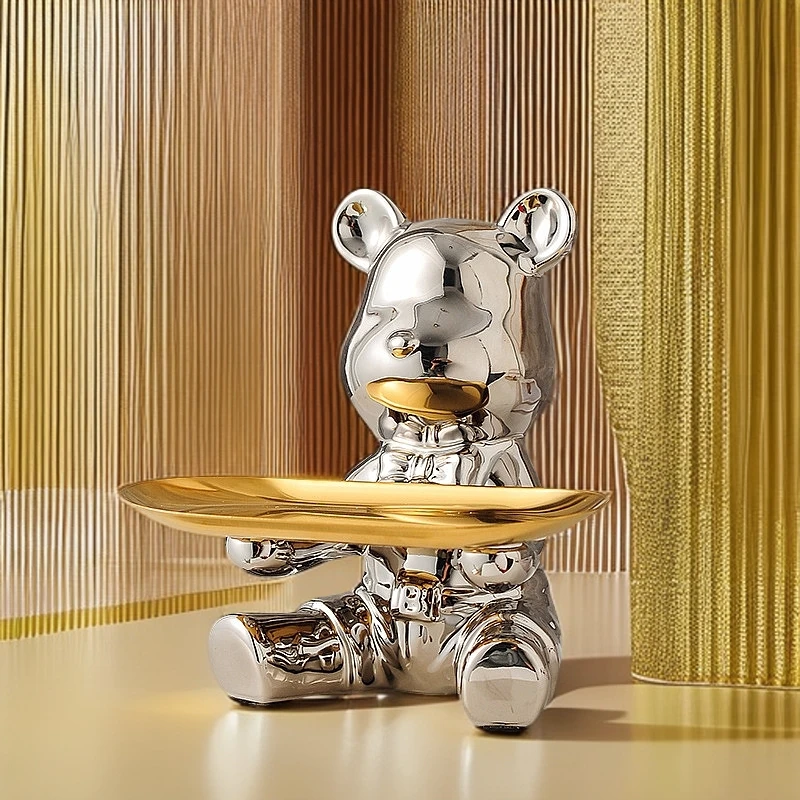 网红熊放钥匙收纳托盘门口鞋柜托盘熊摆件存钱罐陶瓷客厅轻奢装饰