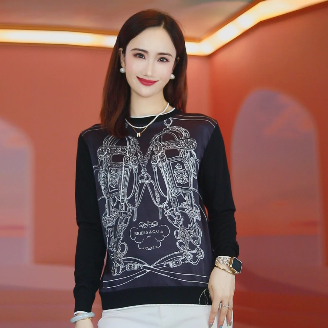 [深圳南油]马鞍羁绊 桑蚕丝印花羊毛衫真丝拼羊毛手工缝盘针织衫