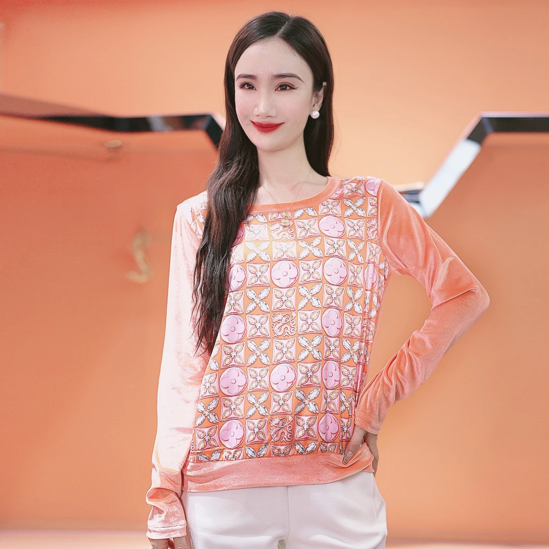 ‘’龙四叶草‘’桑蚕丝印花上衣真丝缎拼真丝绒长袖打底衫卫衣2024秋