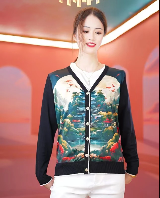 【深圳南油】古风庙宇 桑蚕丝上衣外套 真丝拼羊毛手工缝盘针织开衫