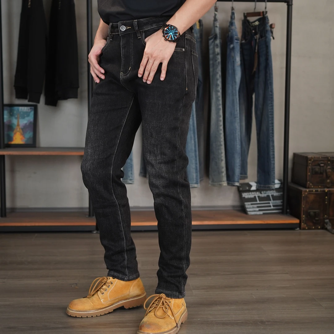DH9129冬季加绒加厚男士牛仔裤中腰弹力修身小脚黑灰色水洗时尚