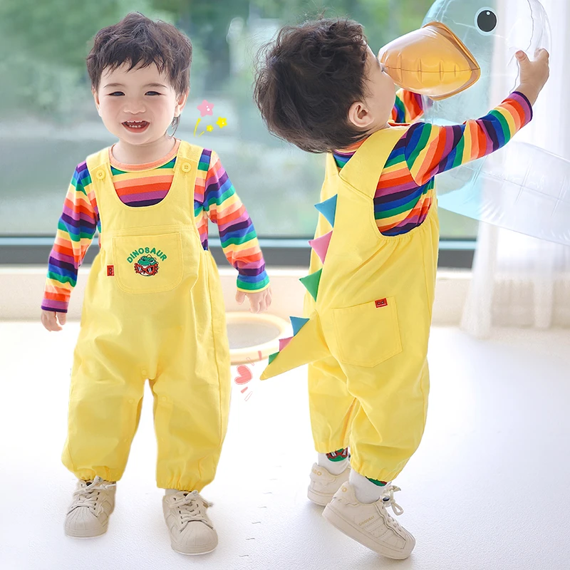 萌娃穿搭婴儿秋季套装条纹恐龙背带裤两件套男女宝宝外出服童装