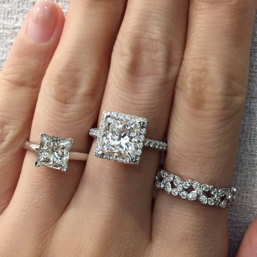 异形【公主方】1-2克拉/925银莫桑女戒豪镶婚戒对戒