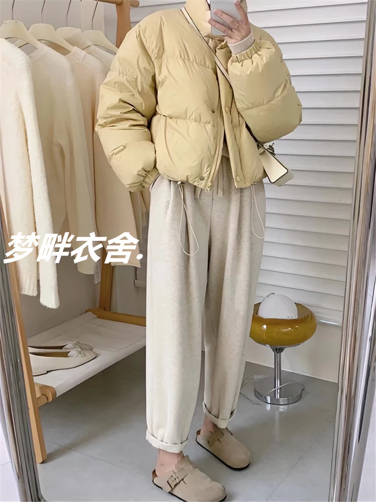 韩系抽绳香蕉奶奶裤女秋冬新品松紧腰显瘦九分萝卜裤休闲毛呢卫裤