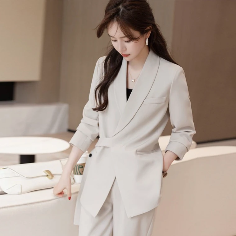 设计师绑带长裤西装外套2025秋气质韩版时尚女神范白色西服1020