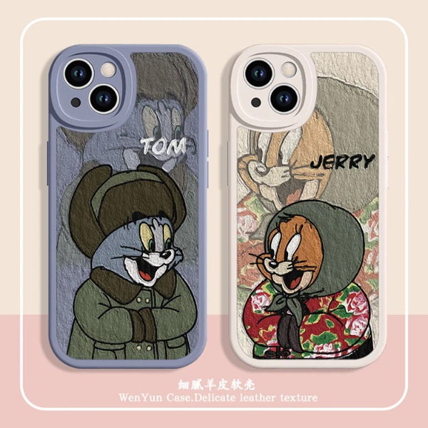 适用于苹果/华为/小米/OPPO/VIVO网红可爱油画汤姆杰瑞情侣手机壳