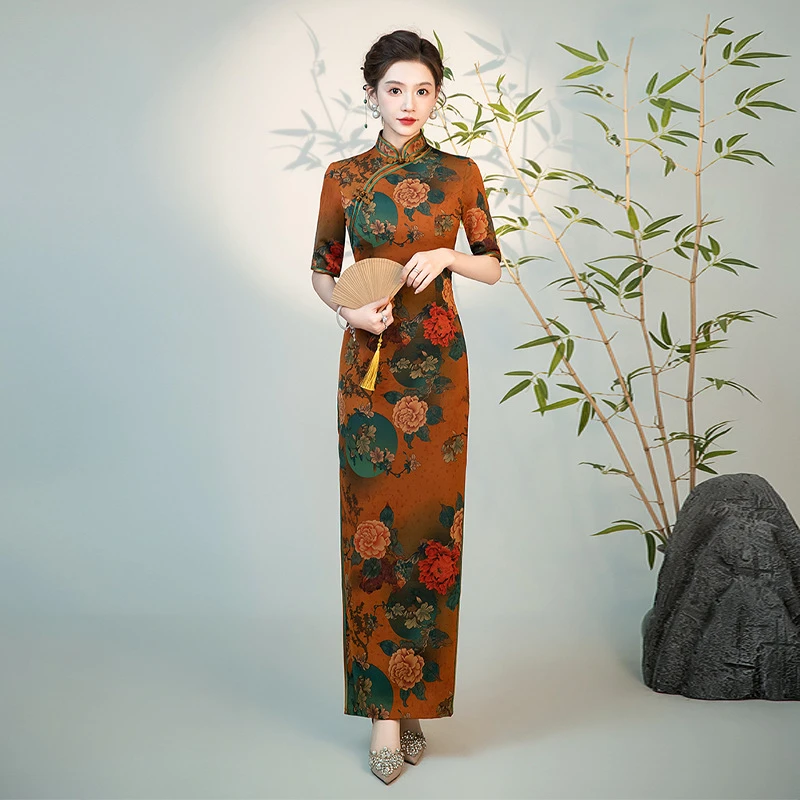 娴馨复古古典印花双层内衬长款短袖走秀显瘦无弹力旗袍