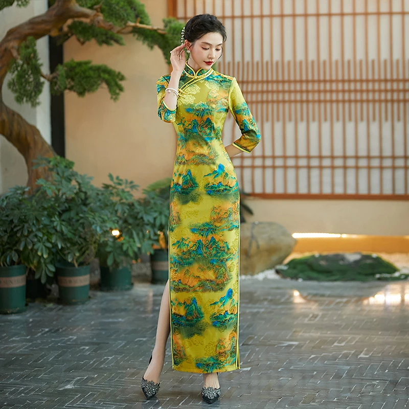 衣长140千里江山印花国风长款旗袍年轻款高端气质改良显瘦连衣裙