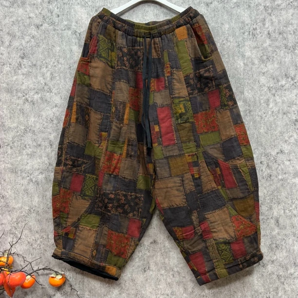 重工数码印花麻棉拼接大版南瓜裤休闲裤时尚百搭复古阔腿宽松做旧