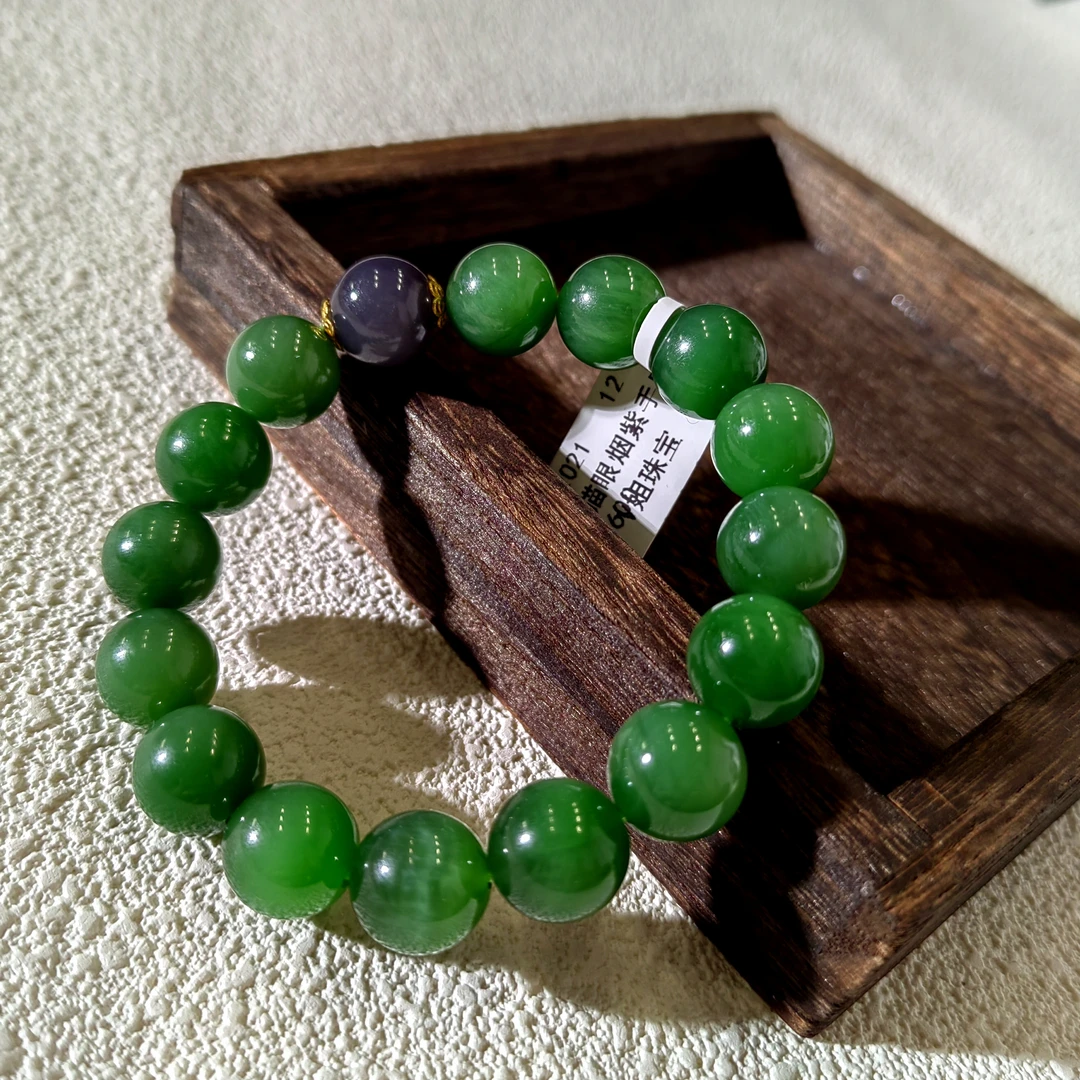 GN12021 和田玉碧玉猫眼烟紫手串 18K金镶嵌 12mm