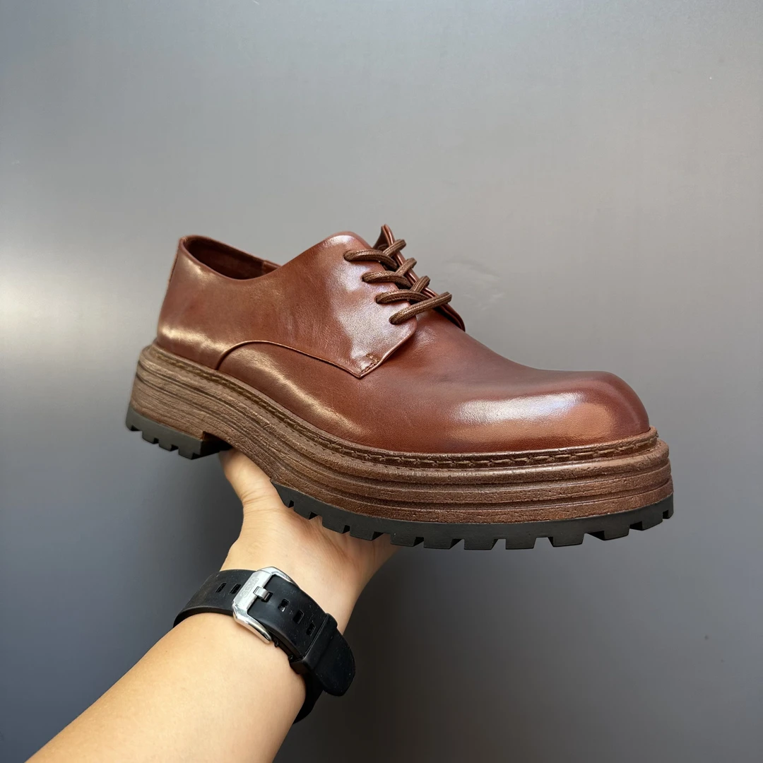 2024春季复古高端马皮男鞋英伦风休闲皮鞋厚底百搭男士手工潮鞋