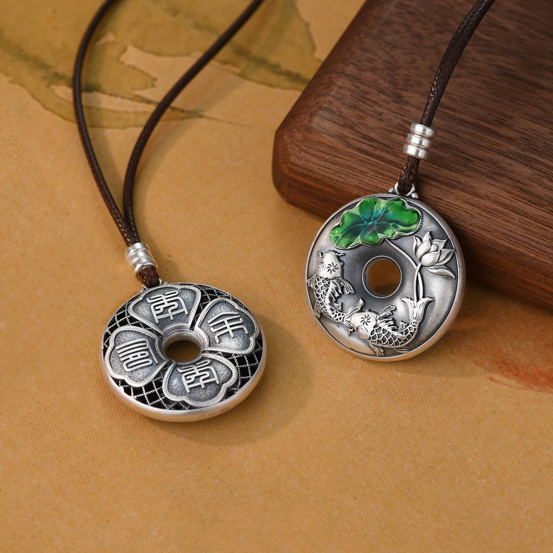 吊坠足银 999足银新中式双锦鲤平安扣吊坠荷叶莲花项链珐琅毛衣链