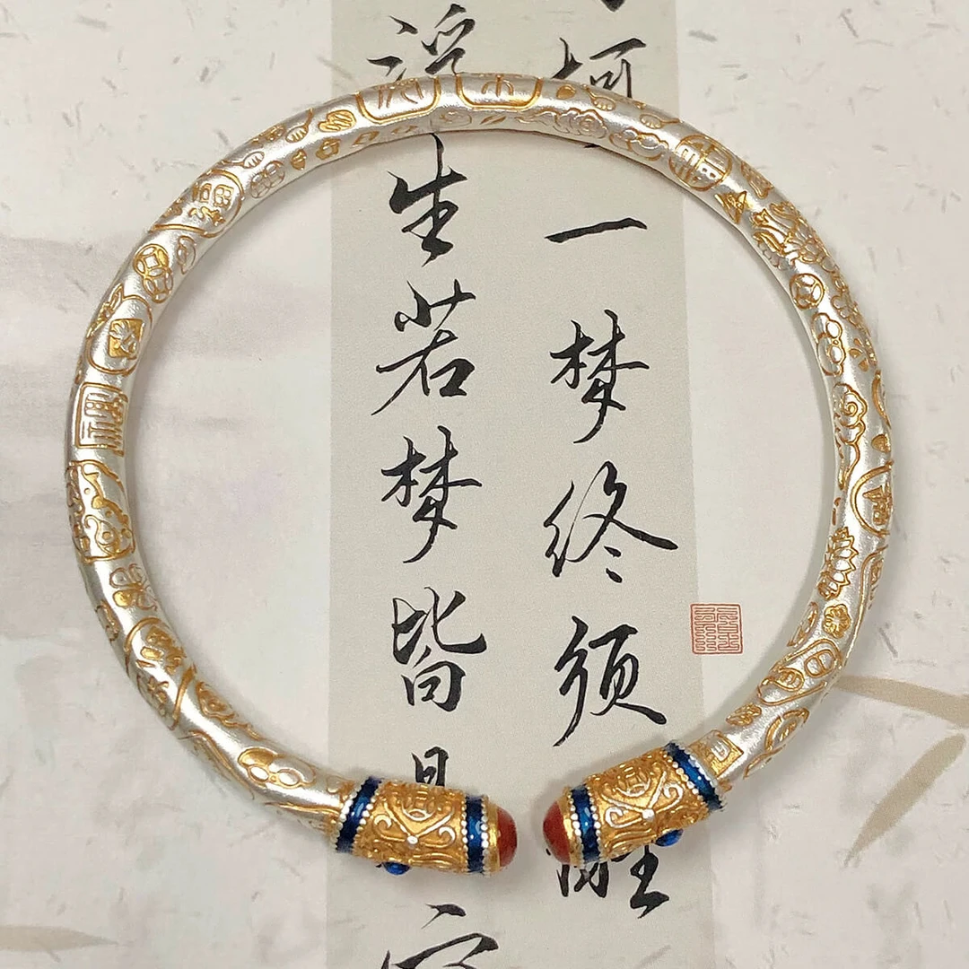 足银珐琅手镯 小北足银手镯描金吉言手镯新中式国风珐琅彩镯子