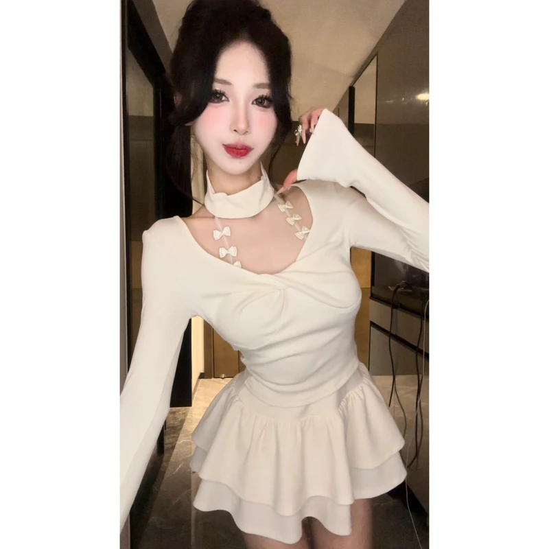 【彤彤推荐】纯欲挂脖上衣假两件气质甜辣妹性感高领磨毛蕾丝长袖