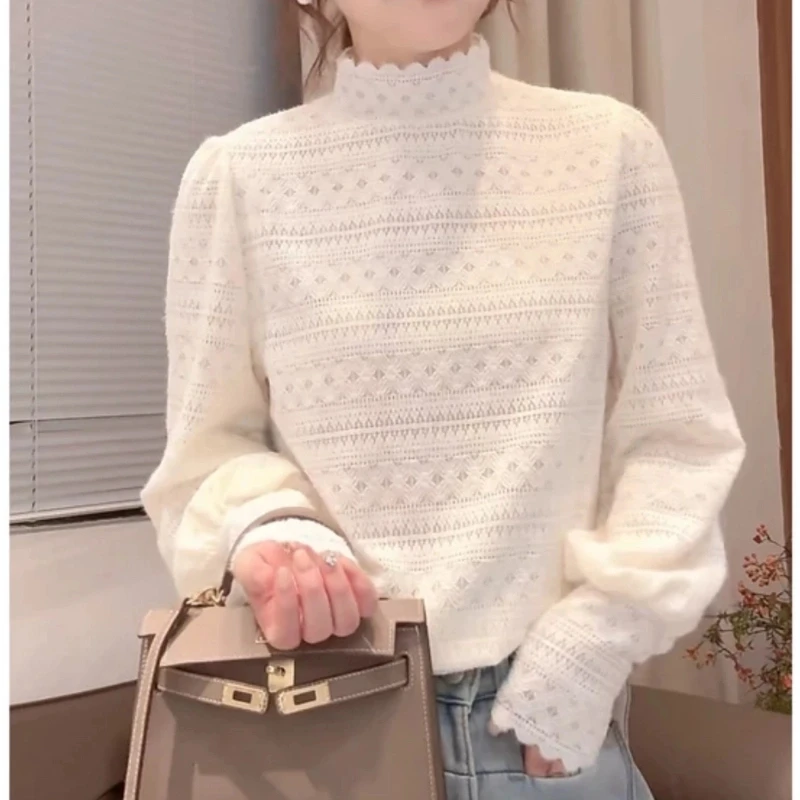 设计感磨毛蕾丝边打底衫T恤女秋冬高级感法式钩花半高领长袖上衣