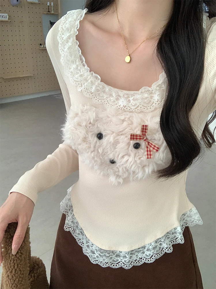 【现货】芭蕾风奶油小狗纯欲方领T恤女秋冬蕾丝花边拼接打底衫上衣