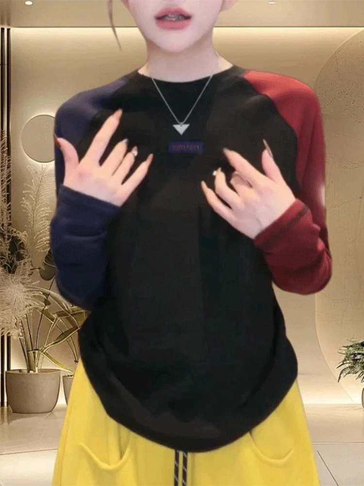 韩版复古撞色拼接长袖t恤女冬新款时尚潮流加绒百搭休闲打底上衣
