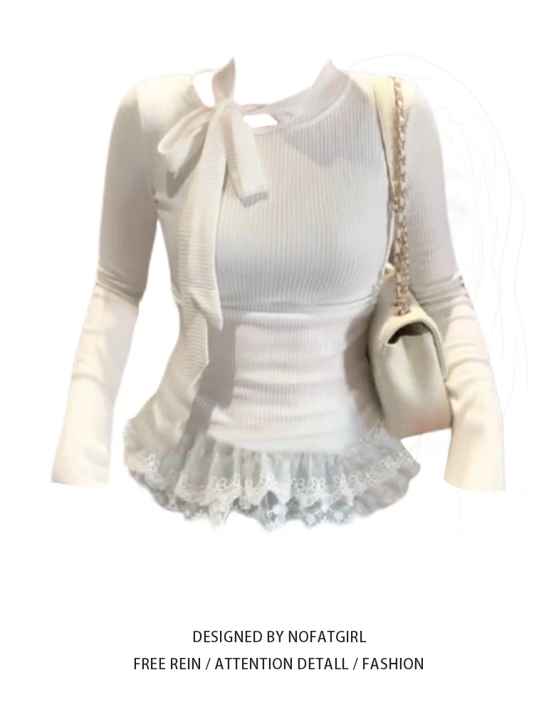 【现货】大码胖MM芭蕾风蝴蝶结系带修身打底衫女秋季气质百搭T恤