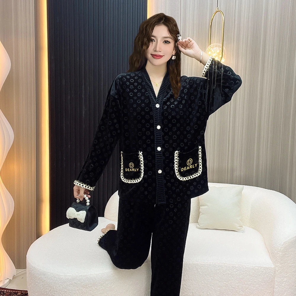 小香风金丝绒睡衣女春秋季2024年新款长袖秋冬家居服套装可外穿